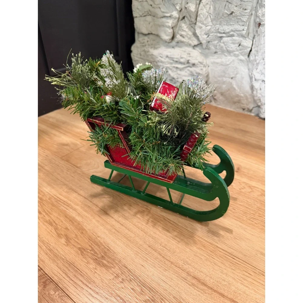 Vintage Christmas Wood Sleigh Centerpiece Red Green Floral Arrangement Decor